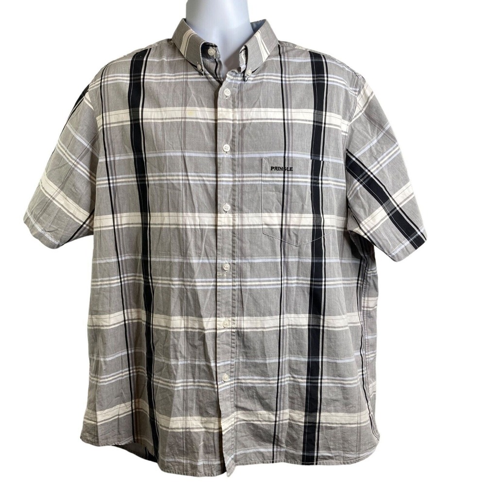 PRINGLE OF SCOTLAND Men's Plaid 100% Cotton Button Down Short Sleeve Shirt XL